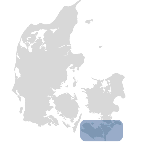 Danmarkskort med markering på Lolland og Falster